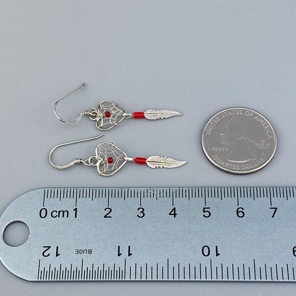 Red Coral Heart Dreamcatcher Earrings | Vintage Southwest Sterling Silver 925 - Picture 5 of 5